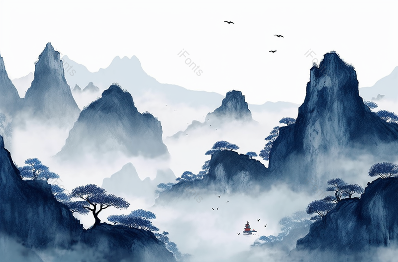 中式云雾缭绕的山峰飞鸟和迎客松蓝色水墨山画,插画/手绘图,插画/手绘图库,插画/手绘图下载,插画/手绘